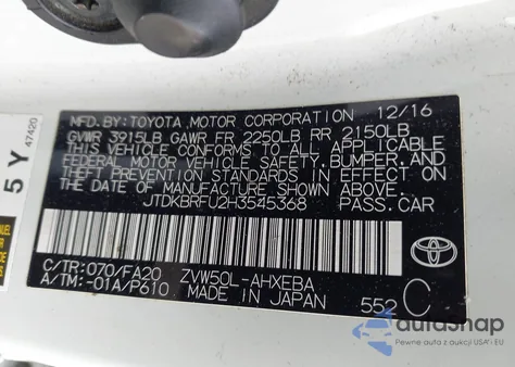 2017 Toyota Prius Two z USA, uszkodzony, nr VIN JTDKBRFU2H3545368